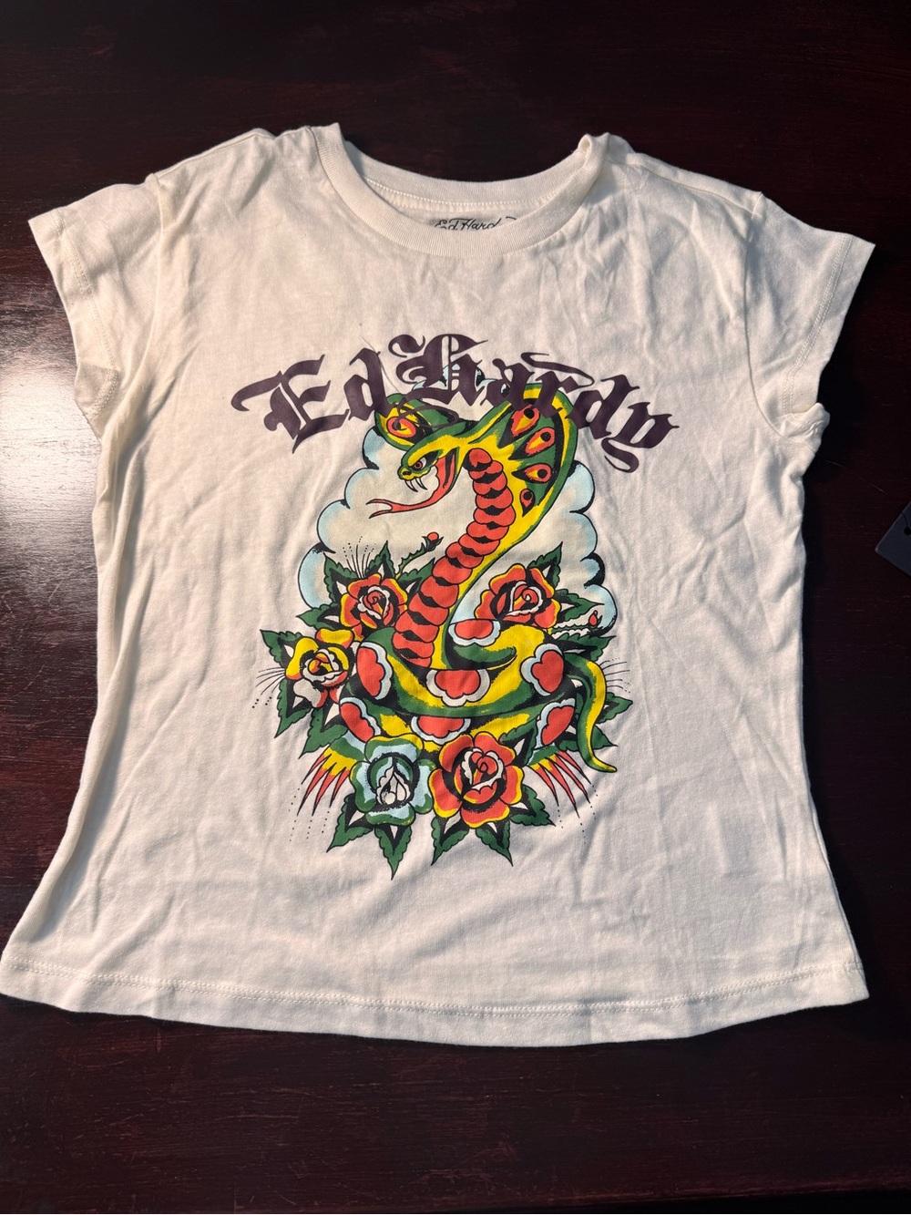 Ed Hardy Short Sleeve Tee with Colorful Snake & Rose Graphic